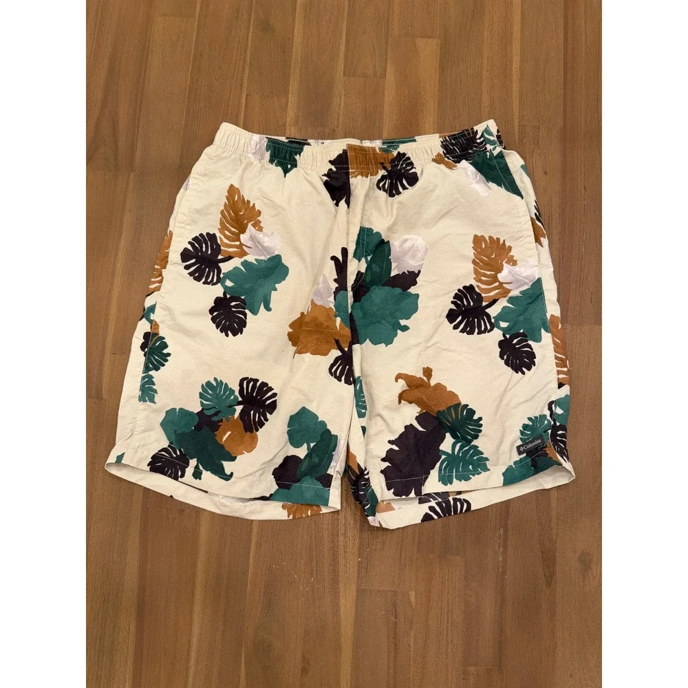 Columbia PFG Tropical Monstera Leaf Print Shorts Mens Medium Cream Green‎